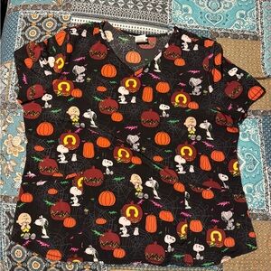 Peanuts Halloween Scrub Top with Pumpkins and Spiders
